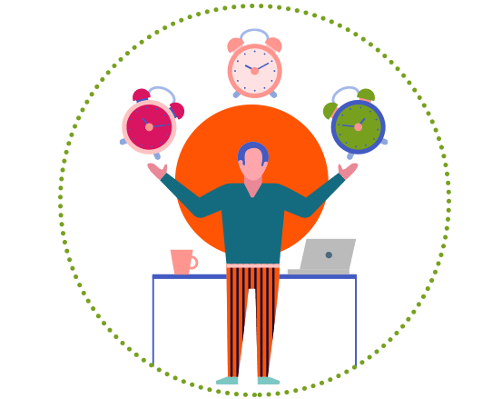 Ilustración de una persona eligiendo varios relojes organizando su tiempo