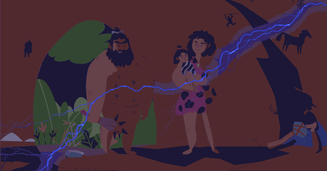 animación de una tormenta eléctrica en la tierra prehistoria, cae un rayo y se transforma en una ciudad llena de electricidad