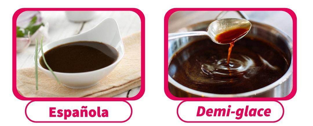 imagen de dos recipientes con salsas derivadas de fondos oscuros como la española y demi-glace