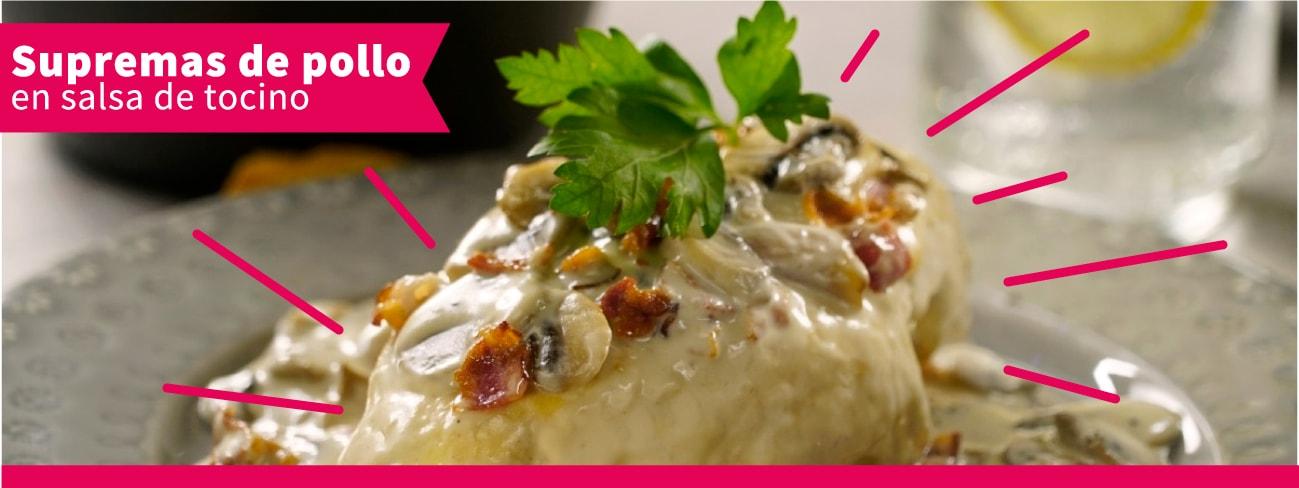 Fotografía de una receta de supremas de pollo en salsa de tocino