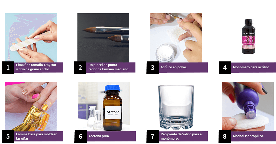 Imagen de materiales para realizar el montaje de las uñas acrílicas con diseños naturales