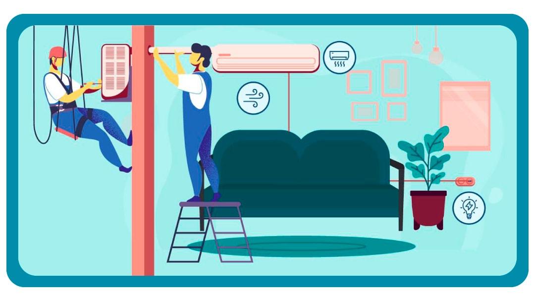 ilustración de dos tecnicos de aires acondicionados realizando un mantenimiento correctivo