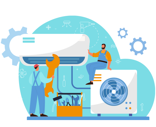 Ilustración de dos técnicos en reparación de aires acondicionados reparando un equipo