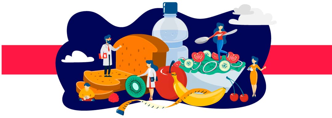 ilustración doctores y alimentos saludables