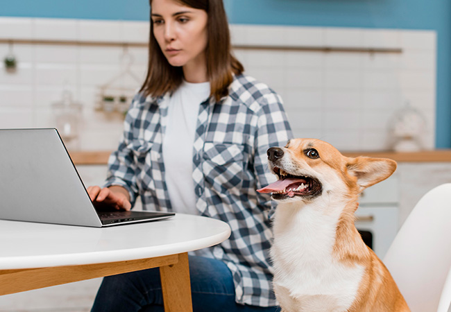 Perro junto a su dueña mostrando los dientes en señal de alegría