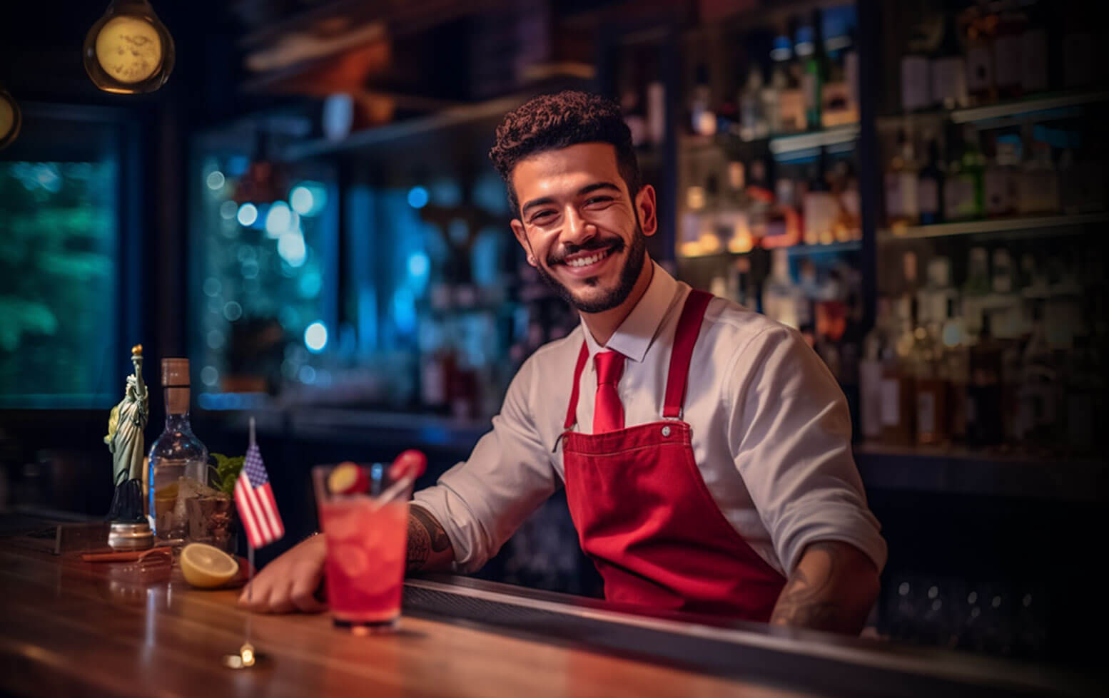 Bartender sonriendo detrás de la barra con un delantal rojo