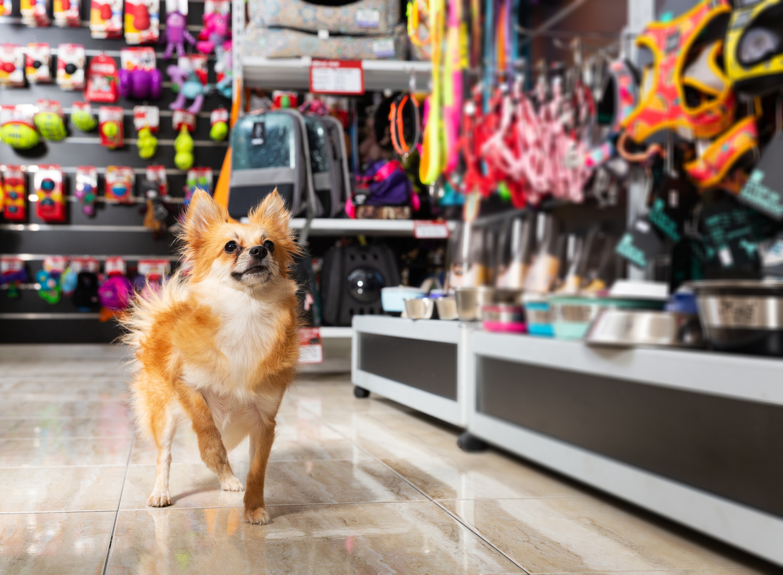 perrito paseando por un petshop