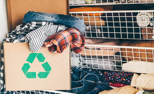 ropa en una bolsa con el signo de reciclaje