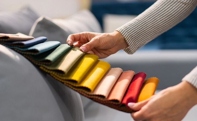 mujer revisando muestrario de panas de colores