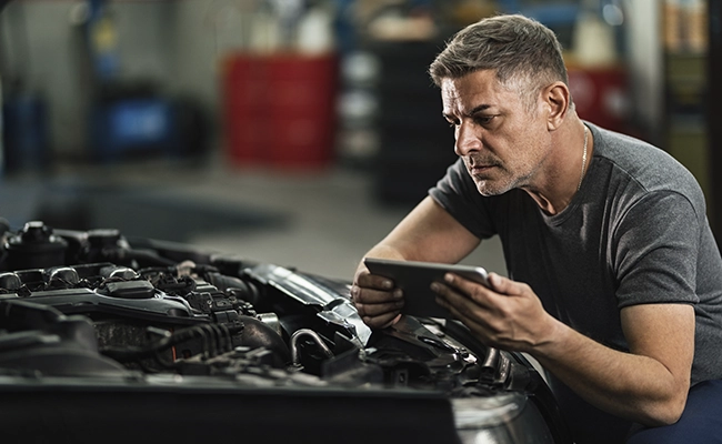 hombre evaluando un motor diesel